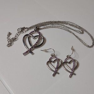 Silver Tone And Purple Necklace And Earring Set